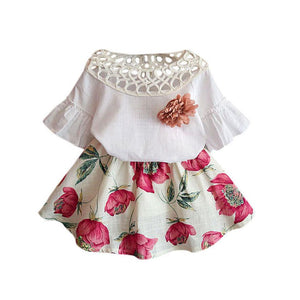 Hollow collar hood sleeve coat + flowers skirt New Kids Baby Girls Short Sleeve Shirt + Flowers Skirt Set Summer Dress Outfits - mamyfull