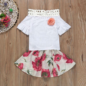 Hollow collar hood sleeve coat + flowers skirt New Kids Baby Girls Short Sleeve Shirt + Flowers Skirt Set Summer Dress Outfits