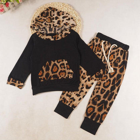 Image of Baby Kids Set Long Sleeve Leopard Print Tracksuit Top + Pants Outfits Set Kids clothing #YL - mamyfull