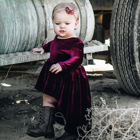 Image of Girls dress long dress gold velvet dress Toddler Infant Kids Baby Girls Long Sleeve Solid Tops Dress Outfits Clothes drop ship - mamyfull