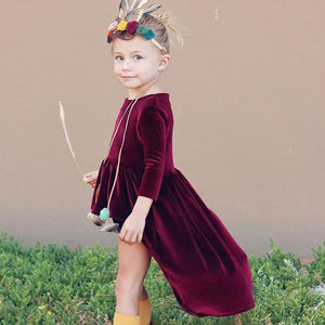 Girls dress long dress gold velvet dress Toddler Infant Kids Baby Girls Long Sleeve Solid Tops Dress Outfits Clothes drop ship - mamyfull