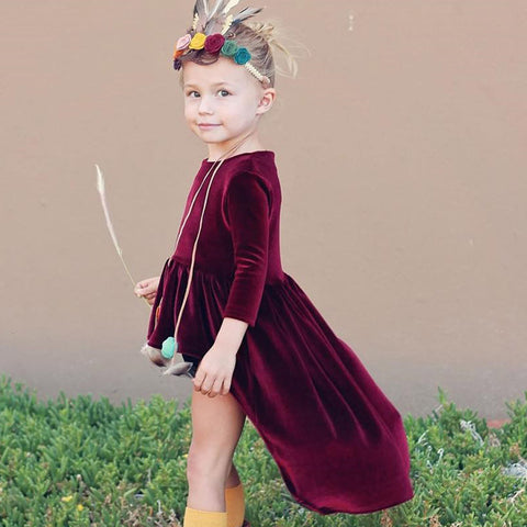 Image of Girls dress long dress gold velvet dress Toddler Infant Kids Baby Girls Long Sleeve Solid Tops Dress Outfits Clothes drop ship - mamyfull