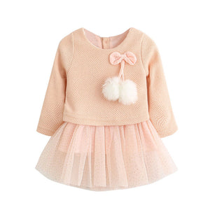 Spring Summer Long Sleeve Cotton Wool Pompoms Bowknot Lace Dress for Girls New Baby Newborn Tutu Princess Dresses 0-24M - mamyfull