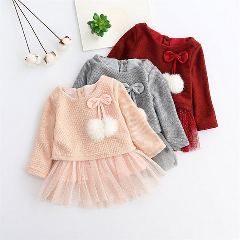 Image of Spring Summer Long Sleeve Cotton Wool Pompoms Bowknot Lace Dress for Girls New Baby Newborn Tutu Princess Dresses 0-24M - mamyfull