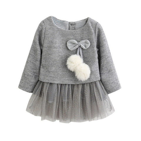 Image of Spring Summer Long Sleeve Cotton Wool Pompoms Bowknot Lace Dress for Girls New Baby Newborn Tutu Princess Dresses 0-24M - mamyfull