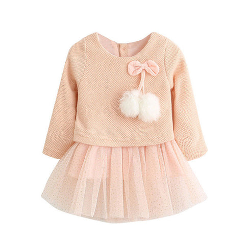 Image of Spring Summer Long Sleeve Cotton Wool Pompoms Bowknot Lace Dress for Girls New Baby Newborn Tutu Princess Dresses 0-24M - mamyfull