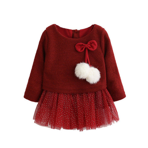 Image of Spring Summer Long Sleeve Cotton Wool Pompoms Bowknot Lace Dress for Girls New Baby Newborn Tutu Princess Dresses 0-24M - mamyfull