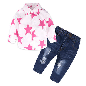 Girl set Five-pointed Star long-sleeved T Shirt Tops denim trousers Pants 2Pcs Outfits Baby Clothes Set drop ship - mamyfull