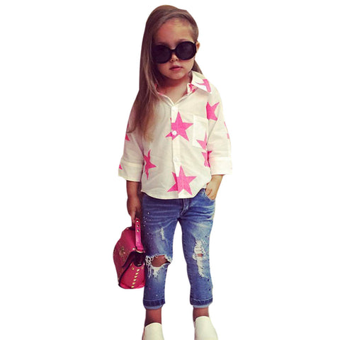 Image of Girl set Five-pointed Star long-sleeved T Shirt Tops denim trousers Pants 2Pcs Outfits Baby Clothes Set drop ship - mamyfull