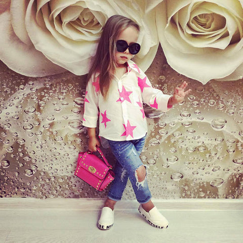 Image of Girl set Five-pointed Star long-sleeved T Shirt Tops denim trousers Pants 2Pcs Outfits Baby Clothes Set drop ship - mamyfull