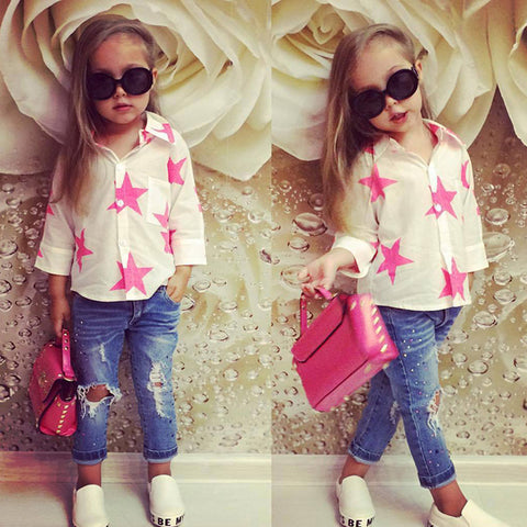 Image of Girl set Five-pointed Star long-sleeved T Shirt Tops denim trousers Pants 2Pcs Outfits Baby Clothes Set drop ship - mamyfull