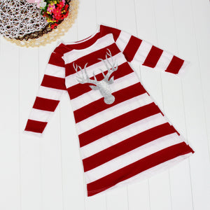 Girl Children Fashion Stripe Dress Round Collar Christmas Elk Long Sleeve Dress - mamyfull