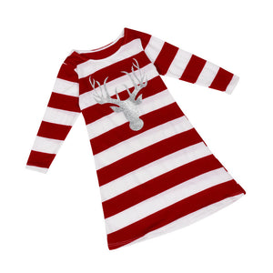 Girl Children Fashion Stripe Dress Round Collar Christmas Elk Long Sleeve Dress