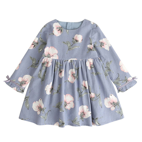 Image of Toddler Kids Baby Girl Clothes Long Sleeve Floral Bowknot Party Princess Dresses - mamyfull