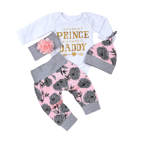 Image of Toddler Newborn Baby Girls Letter Rompers Jumpsuit Flowers Pants 4PCS Outfit Set - mamyfull