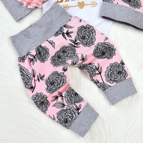 Image of Toddler Newborn Baby Girls Letter Rompers Jumpsuit Flowers Pants 4PCS Outfit Set - mamyfull