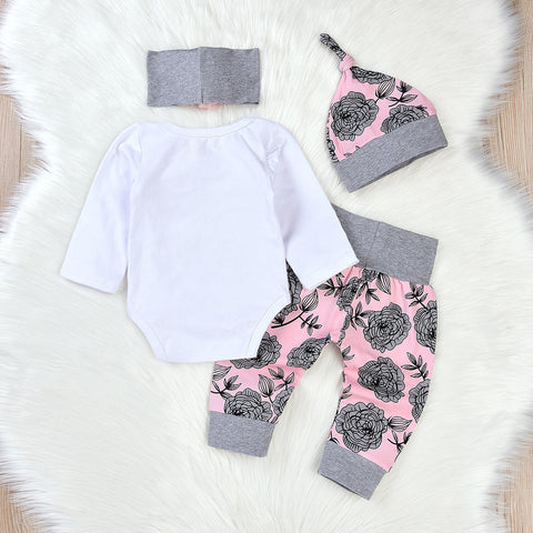 Image of Toddler Newborn Baby Girls Letter Rompers Jumpsuit Flowers Pants 4PCS Outfit Set - mamyfull