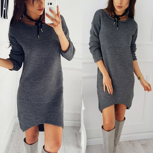 Fashion Women Solid O-Neck Sweater Long Shirt Casual Long Sleeve Pullove Dress - mamyfull