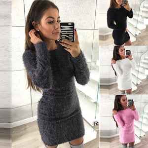 Women Winter Long Sleeve Solid Sweater Fleece Warm Basic Short Mini Dress - mamyfull