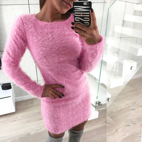 Image of Women Winter Long Sleeve Solid Sweater Fleece Warm Basic Short Mini Dress - mamyfull