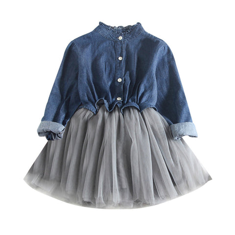 Image of Toddler Baby Girls Denim Dress Long Sleeve Princess Tutu Dress Cowboy Clothes - mamyfull