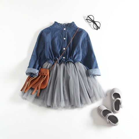 Image of Toddler Baby Girls Denim Dress Long Sleeve Princess Tutu Dress Cowboy Clothes - mamyfull