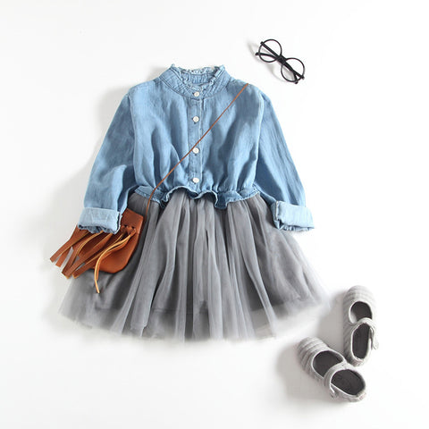 Image of Toddler Baby Girls Denim Dress Long Sleeve Princess Tutu Dress Cowboy Clothes - mamyfull