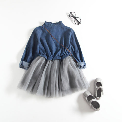 Image of Toddler Baby Girls Denim Dress Long Sleeve Princess Tutu Dress Cowboy Clothes - mamyfull