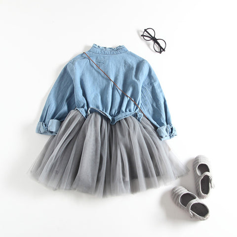 Image of Toddler Baby Girls Denim Dress Long Sleeve Princess Tutu Dress Cowboy Clothes - mamyfull