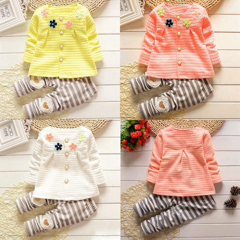 Image of Baby kids Girls Warm Cotton Flower Long Sleeve Cardigan+Long Pants Clothing Sets - mamyfull