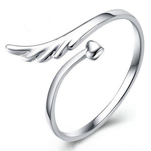 Elegant 925 Silver Heart Cut Angel Wings Shape Cuff Opening Ring - mamyfull