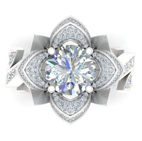 Image of Flower Leaf Round Cut Clear CZ Diamond 4.50CT Wedding Bridal Ring - mamyfull