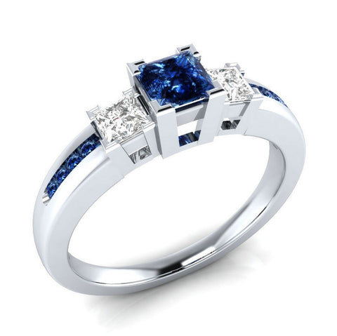 Image of White Sapphire Engagement  &  Ring Silver Princess Cut Blue - mamyfull