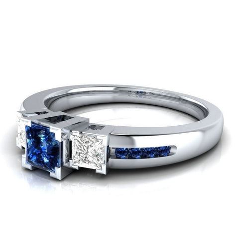 Image of White Sapphire Engagement  &  Ring Silver Princess Cut Blue - mamyfull