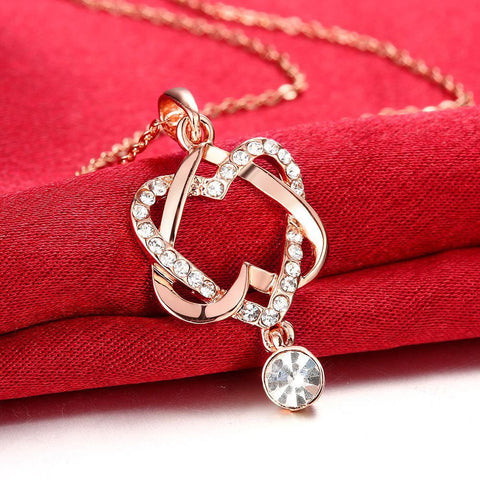 Image of Swarovski Crystal 18K Rose Plated Intertwined Hearts Necklace - mamyfull