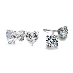 2-Pack: 2 Ct Sterling Silver Studs - Round + Heart - mamyfull