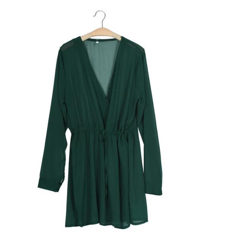 Image of Women V Neck Green Long Sleeve Party Dress Evening Casual Summer Mini Dress - mamyfull