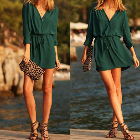 Image of Women V Neck Green Long Sleeve Party Dress Evening Casual Summer Mini Dress - mamyfull