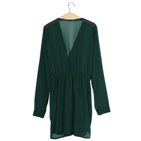 Image of Women V Neck Green Long Sleeve Party Dress Evening Casual Summer Mini Dress - mamyfull